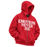 EMOTIONS NEVER DIE HOODIE — RED — DETALLE