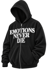 EMOTIONS NEVER DIE HOODIE — BLACK — DETALLE